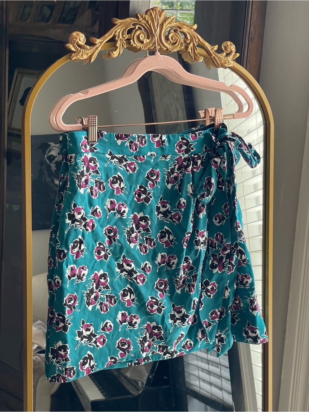 The Kooples NWT Teal Purple Rock Roses Faux Wrap Mini Skirt